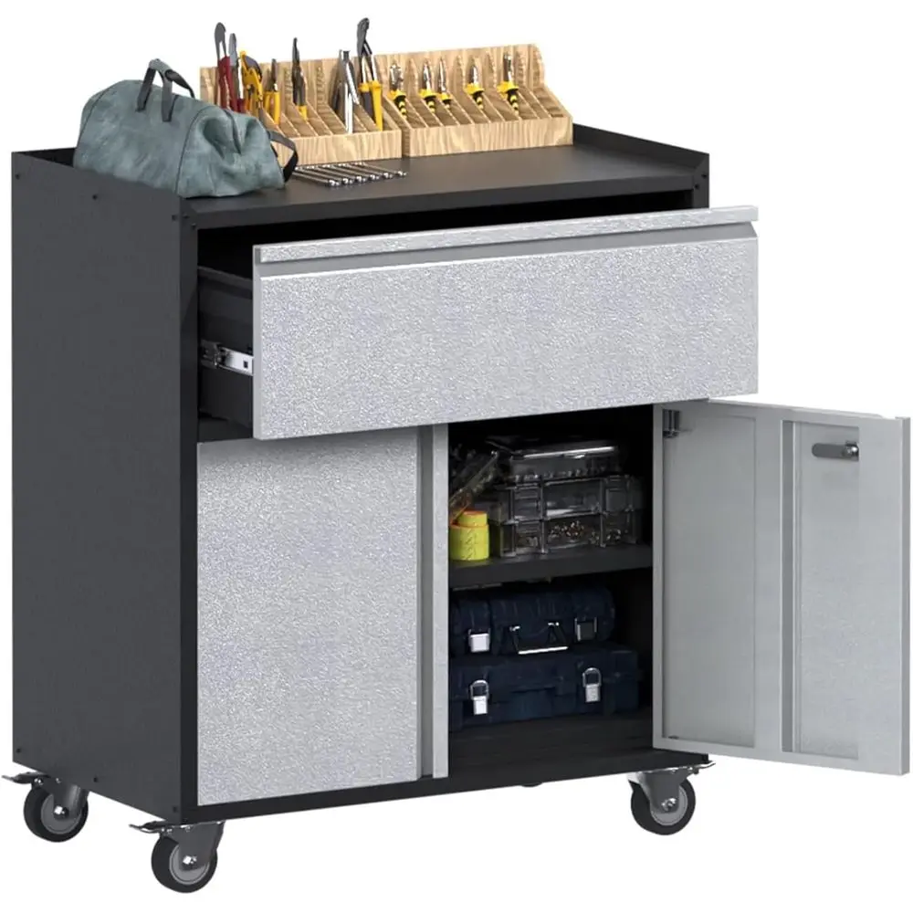 

Portable Lockable Metal Storage Cabinet with Door, Wheels for Garage/Home/Office, Black & Gray, Assembly Needed, 18.11D x 30.31W