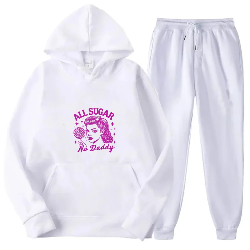 طقم هوديي رمادي + نمط ونص مطبوع باللون الوردي All Sugar No Daddy #3