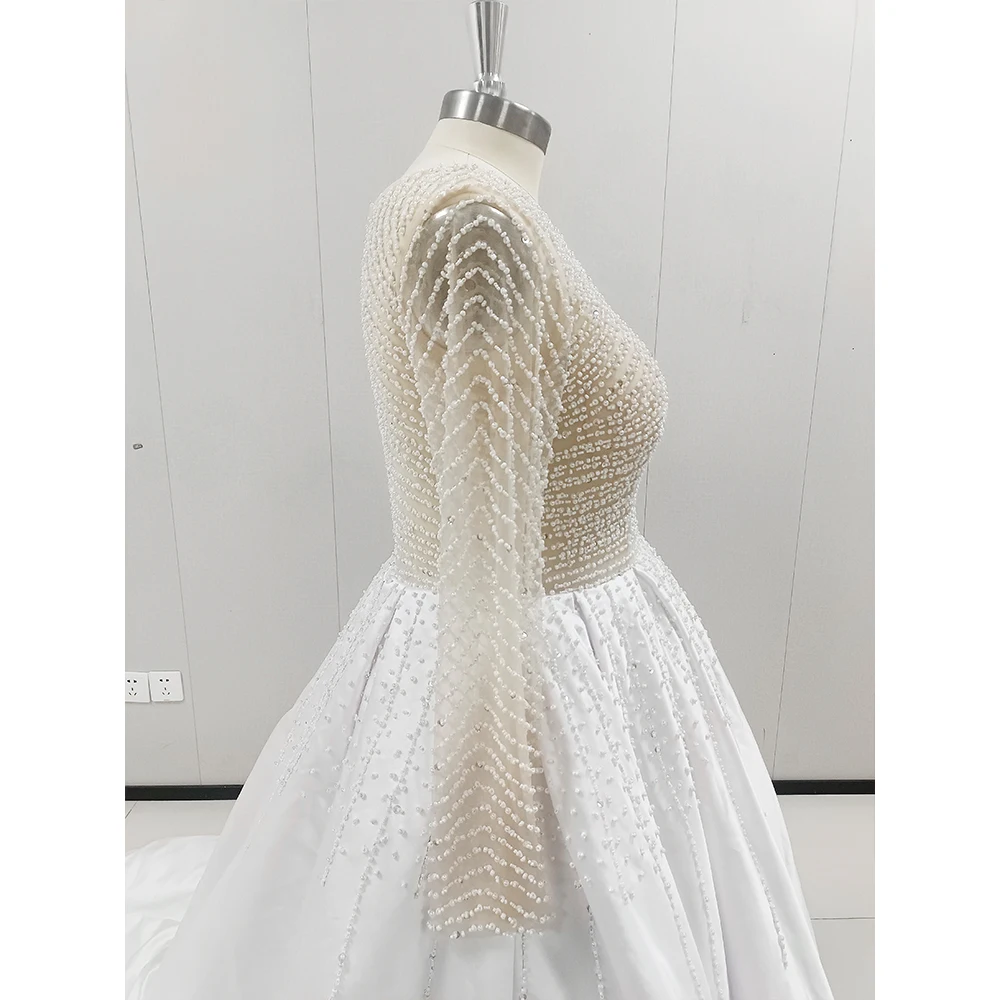 Luxury Pearls Satin Wedding Dresses for Bride 2023 Mermaid Beads Long Sleeves V Neck Puffy Skirt Saudi Arabia Bridal Gowns