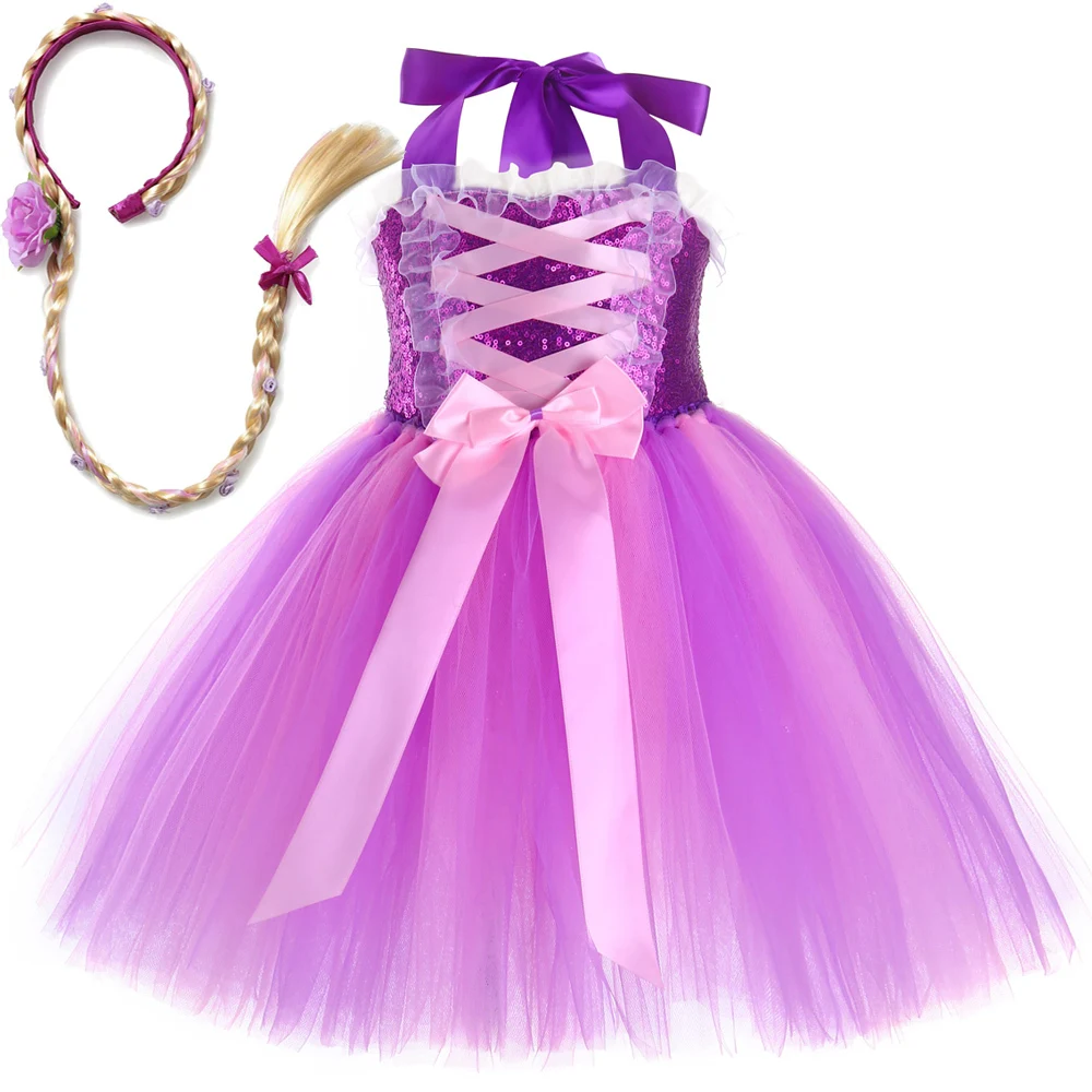 Disney Tangled Rapunzel Princess Dresses for Girls Birthday Halloween Costume for Kids Purple Sequins Tutu Outfit with Long Hair