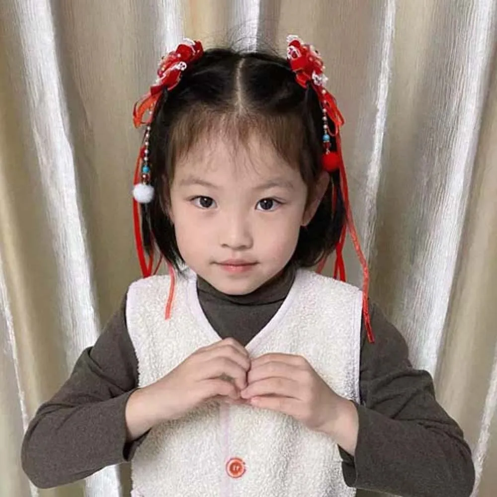 

2pcs Lion Children's Chinese Hairpin Bow Ball New Year Ribbon Barrettes Golden Lock Flower Embroidered Bow Headwear Winter