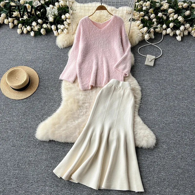 EWQ Sweet Knitted 2 Piece Sets For Women Casual V-neck Long Sleeve Pullover Top＋High Waist Long Skirt 2024  Autumn New 27X1262