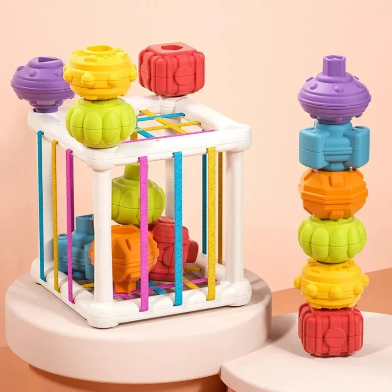 TEMIKIDS bébé forme tri jouets enfants Montessori jouets éducatifs coloré sensoriel Cube jouets avec bandes élastiques pour Fine Mot