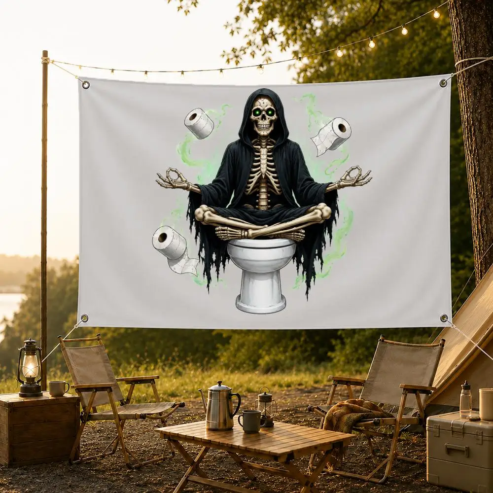 Halloween Funny Grim Reaper Bathroom Art Flags Fade Resistant Flag Washable Lightweight HD Print Indoor Outdoor All-Weather