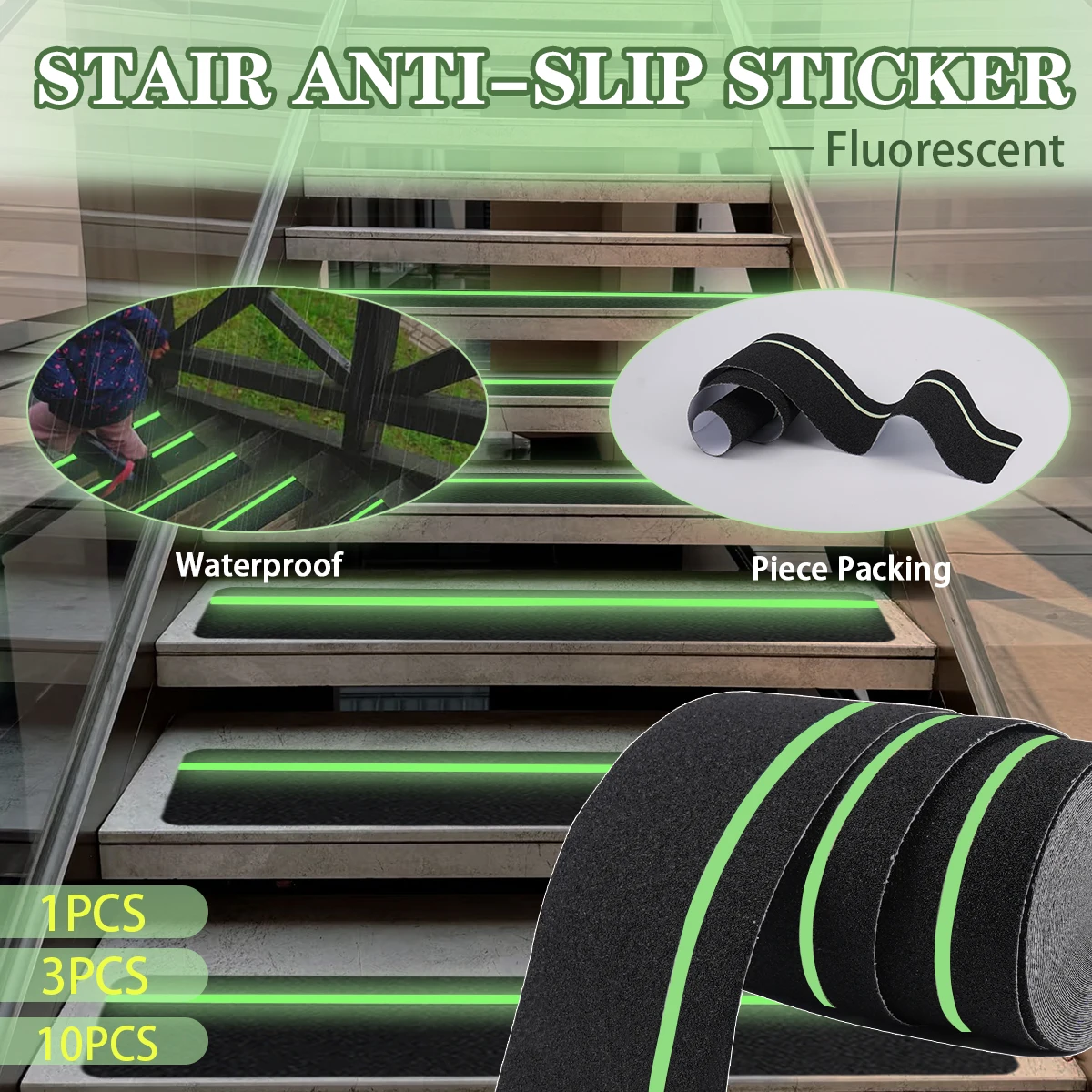 1/3/10PCS Anti Slip Tape Glows in the Dark Green Black Warning Reflective Sticker Safety Traction Belt for Stairs Floor Ramps