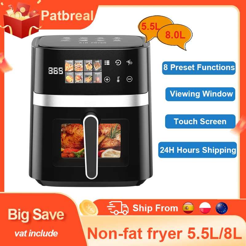 Patbrela Friteuse à air 5,5 L Four chaud électrique 8 en 1 avec écran LED numérique Fenêtre visible Max 200 ° C 1350W Nouvelle Friteuse No Graisse Noire