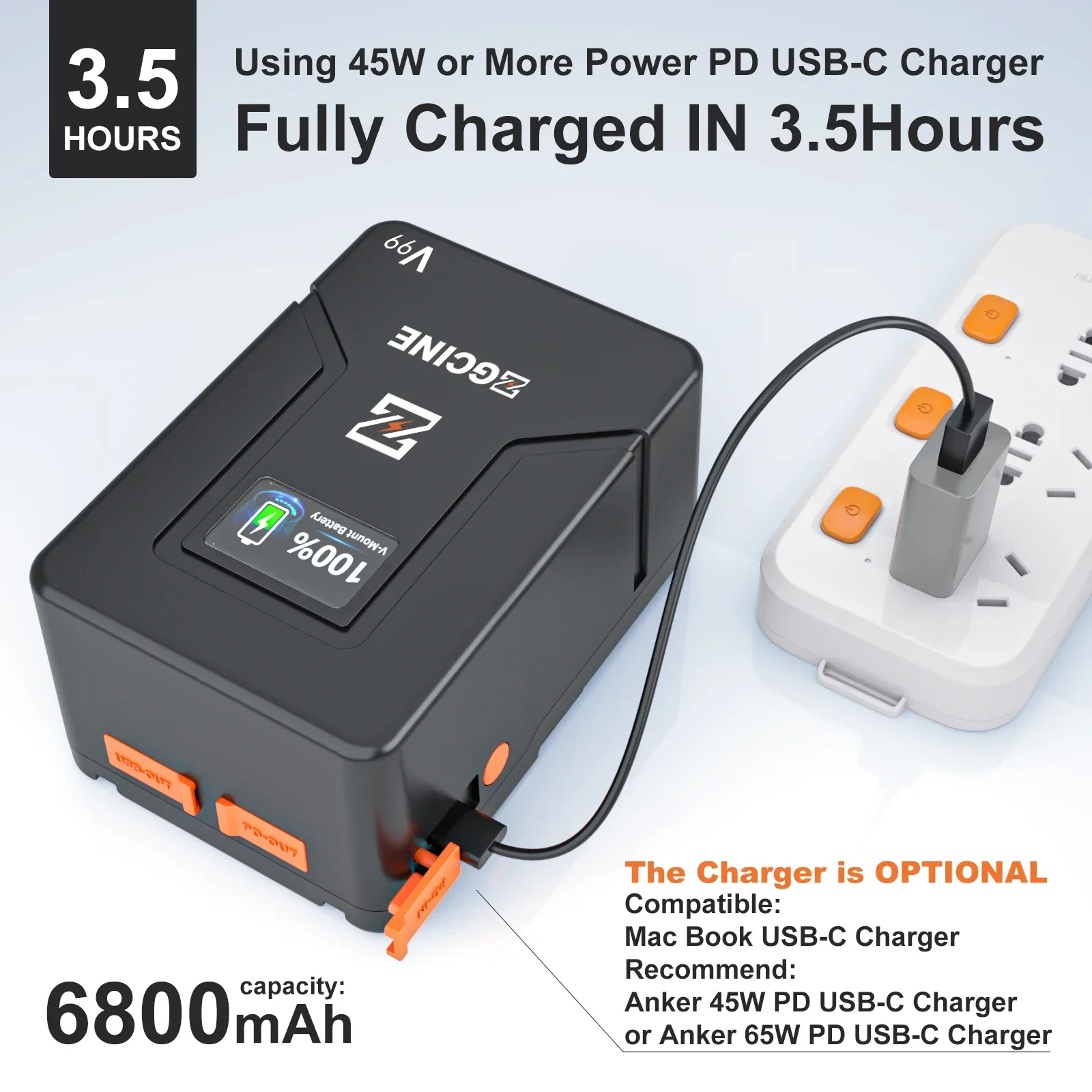 ZGCINE ZG-V99 V جبل بطارية V-قفل بطارية ليثيوم لبطاريات الجيب الصغيرة USB من النوع C للكاميرات والهواتف الذكية وأجهزة الكمبيوتر المحمولة