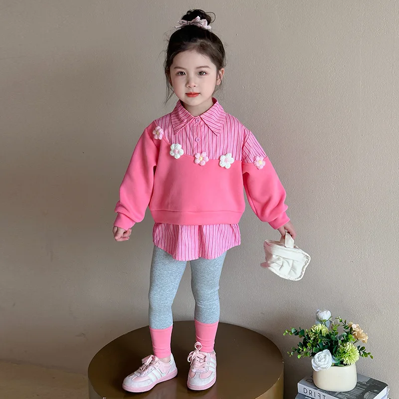 

Girls Suit 2025 Autumn New Children's Clothing Korean Style Girl Baby Flower Splicing Hoodie Leggings Two-piece Set Simple