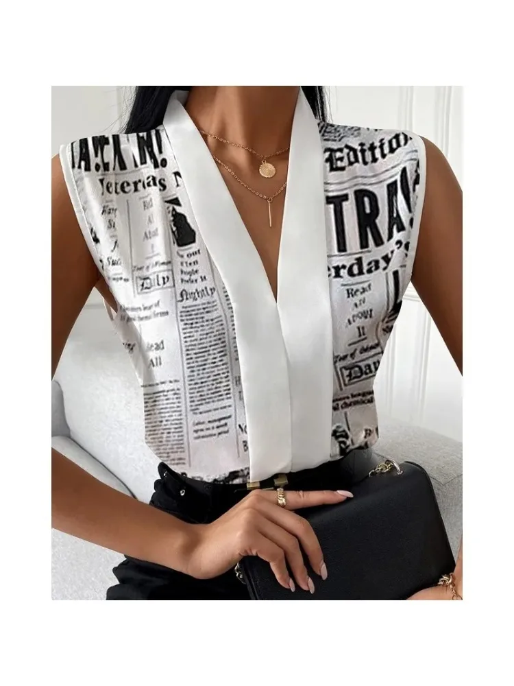 Summer Women\'s Casual Print Shirts New Office Lady Sleeveless V-neck Elegant Blouse Top Fashionable Loose Shirts