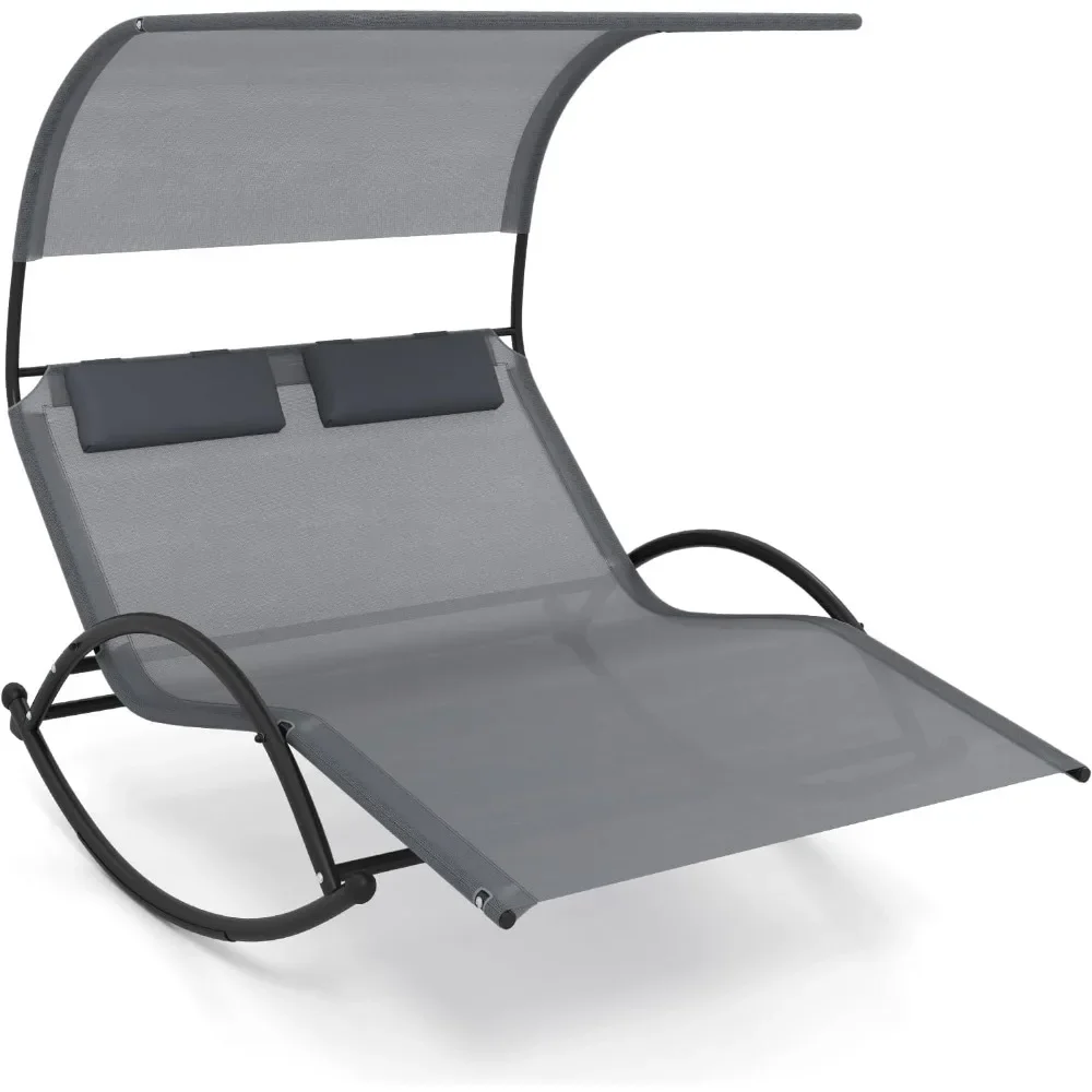 2 Person Lounge Chair with Adjustable Canopy, Outdoor Chaise Lounge with 2 Detachable Pillows, Sturdy Metal Frame