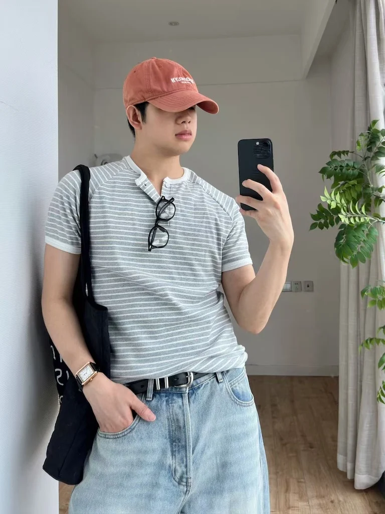 Slim Fit Short Sleeve T-Shirt Men's Style Contrast Color Striped Henry Collar Summer New Arrival Casual Cotton Comfortable