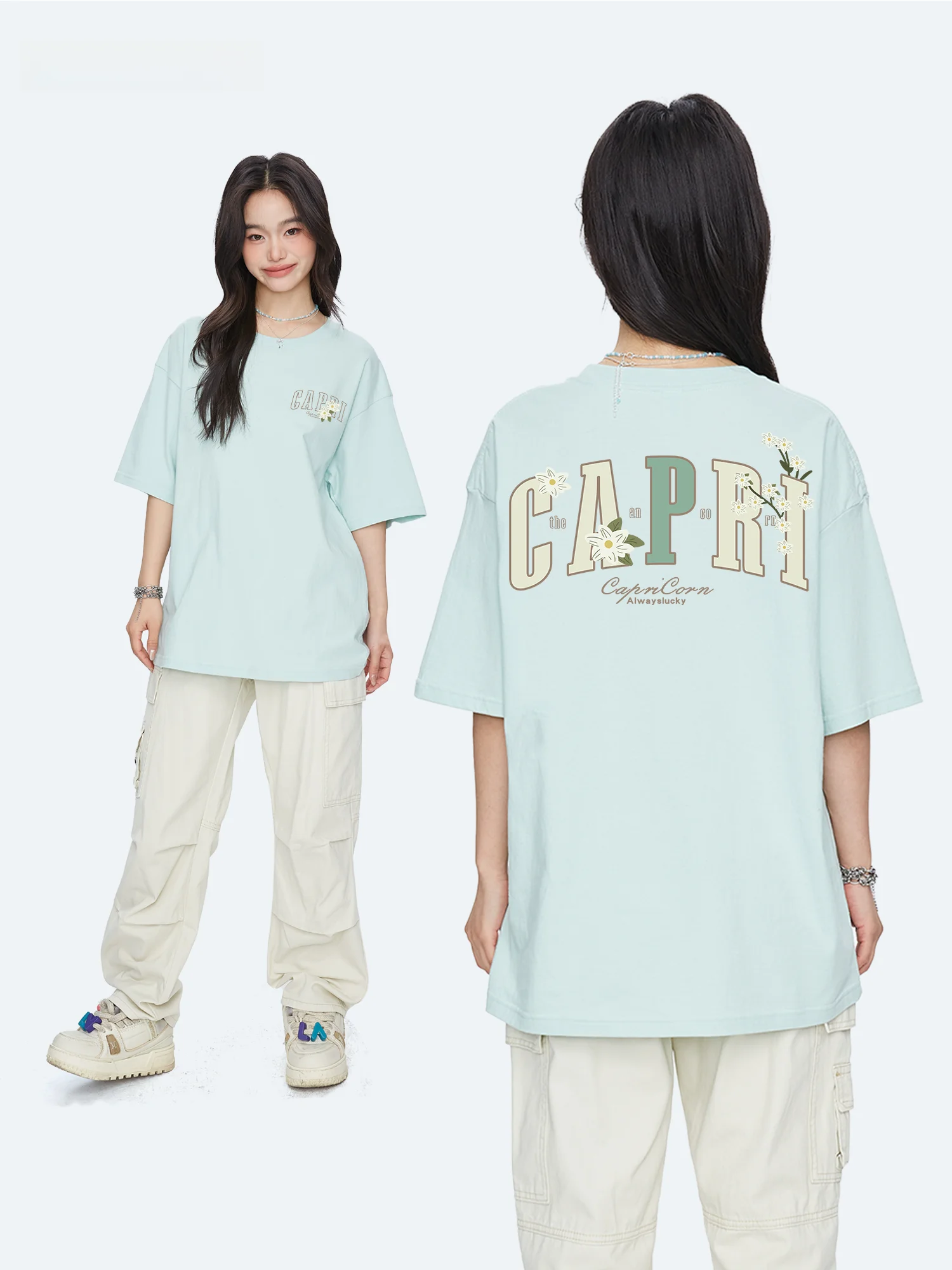 Capricorn American Floral Letter Pure Cotton Short Sleeve Women's T-shirt Summer New Style Loose Half Sleeve Top Casual Print...