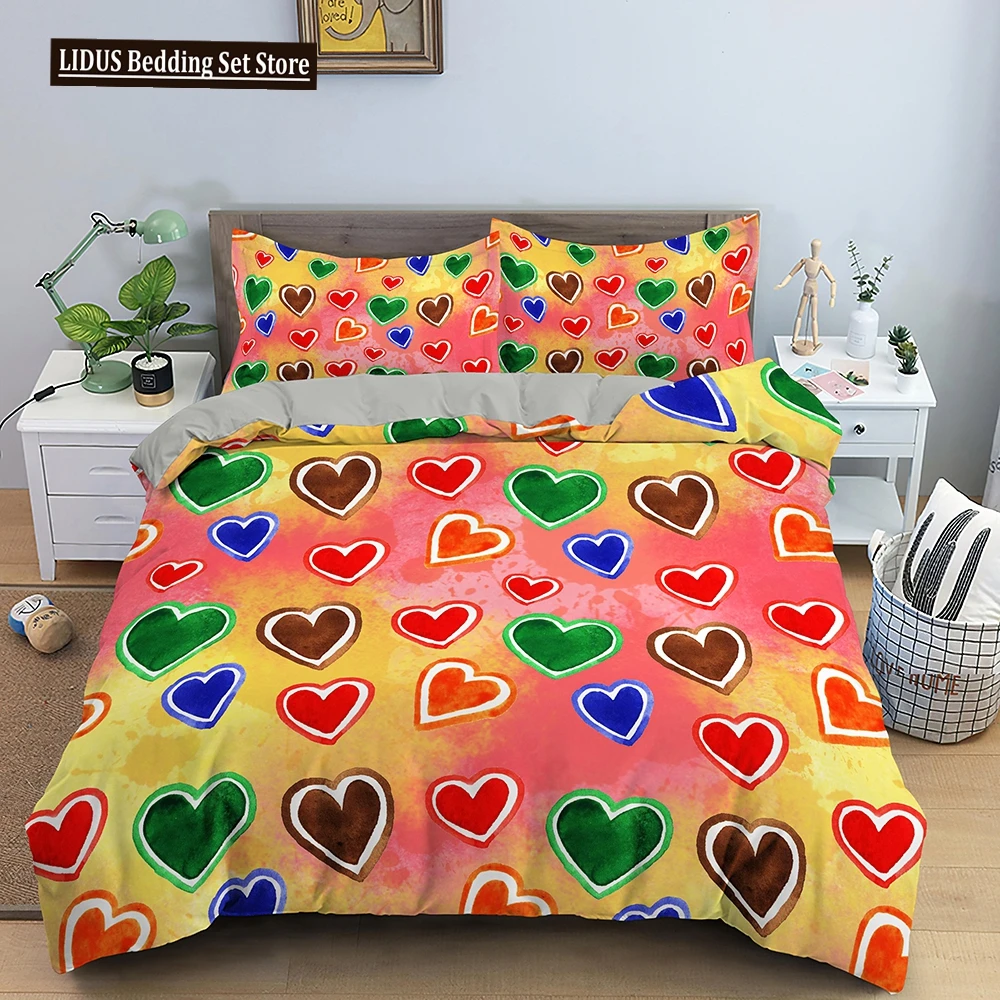 

Love Duvet Cover Set Colourful Heart Shaped Comforter Cover King Queen Size With Pillowcase For Boys Girls Polyester Bedding Set