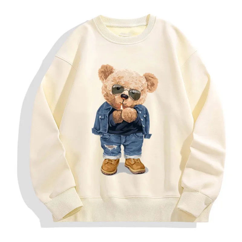 Men\'s Round Neck Pullovers Autumn Winter Outdoor Male Funny Pose Teddy Bear Pattern Print Sweatshirts Fashion Casual Pullover