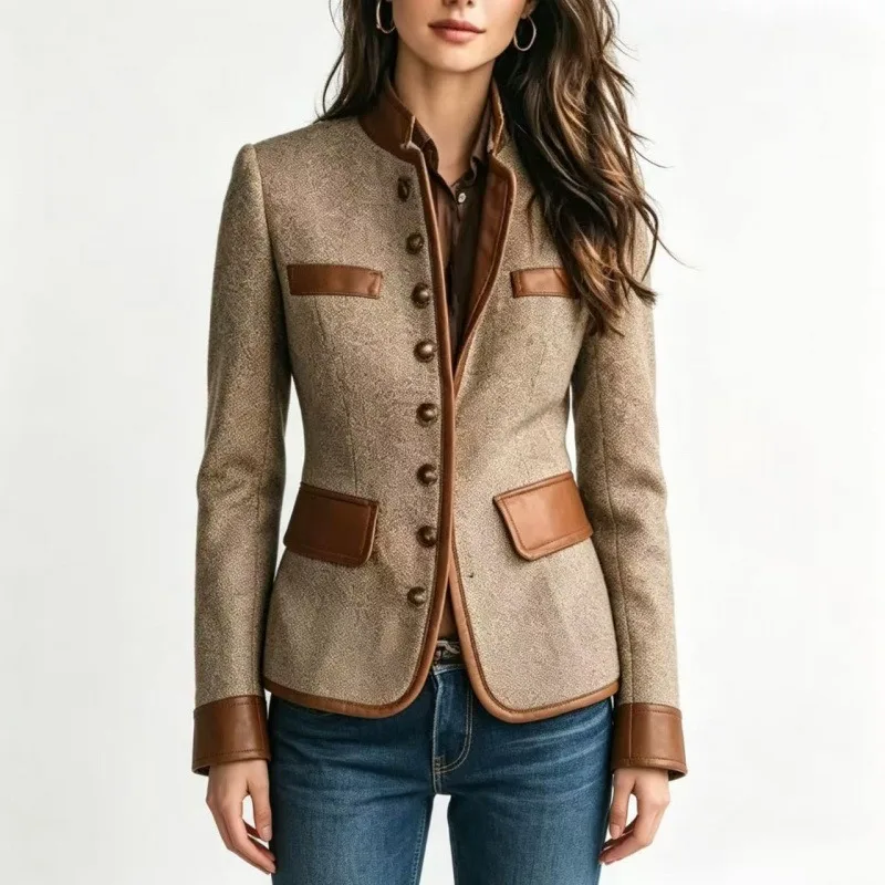 Women Herringbone Tweed Blazer Jacket Stand Collar Faux Patchwork Single Breasted Short Coat Ladies Vintage Long Sleeve Slim Fit