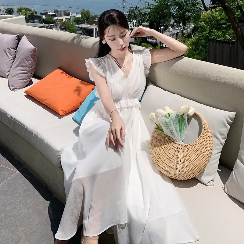 

Flying Sleeves Design Slimming Dresses Temperament Gentle Women's Long Skirt French Style Niche Fairy White Dress Summer V-neck