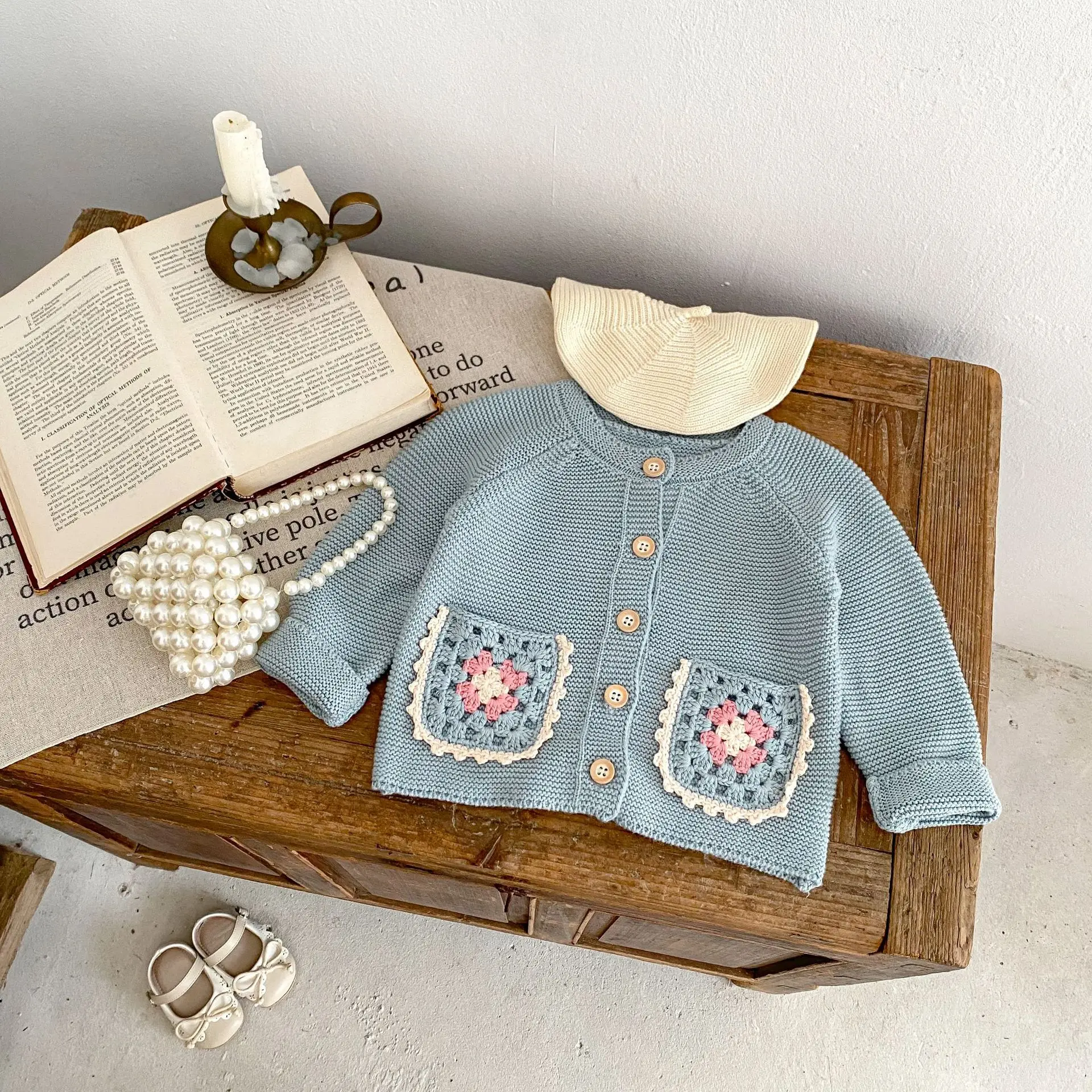 Round-neck Sweater Cardigan Hand-crocheted Hollow-out Flower Pockets Coat Spring Autumn New Grils Children Sweet