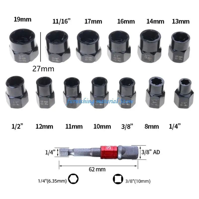 Y5GD 14 قطعة تأثير الترباس و الجوز مزيل 3/8 ''محرك براغي النازع المقبس أداة مجموعة الترباس النازع أداة مع حقيبة للتخزين