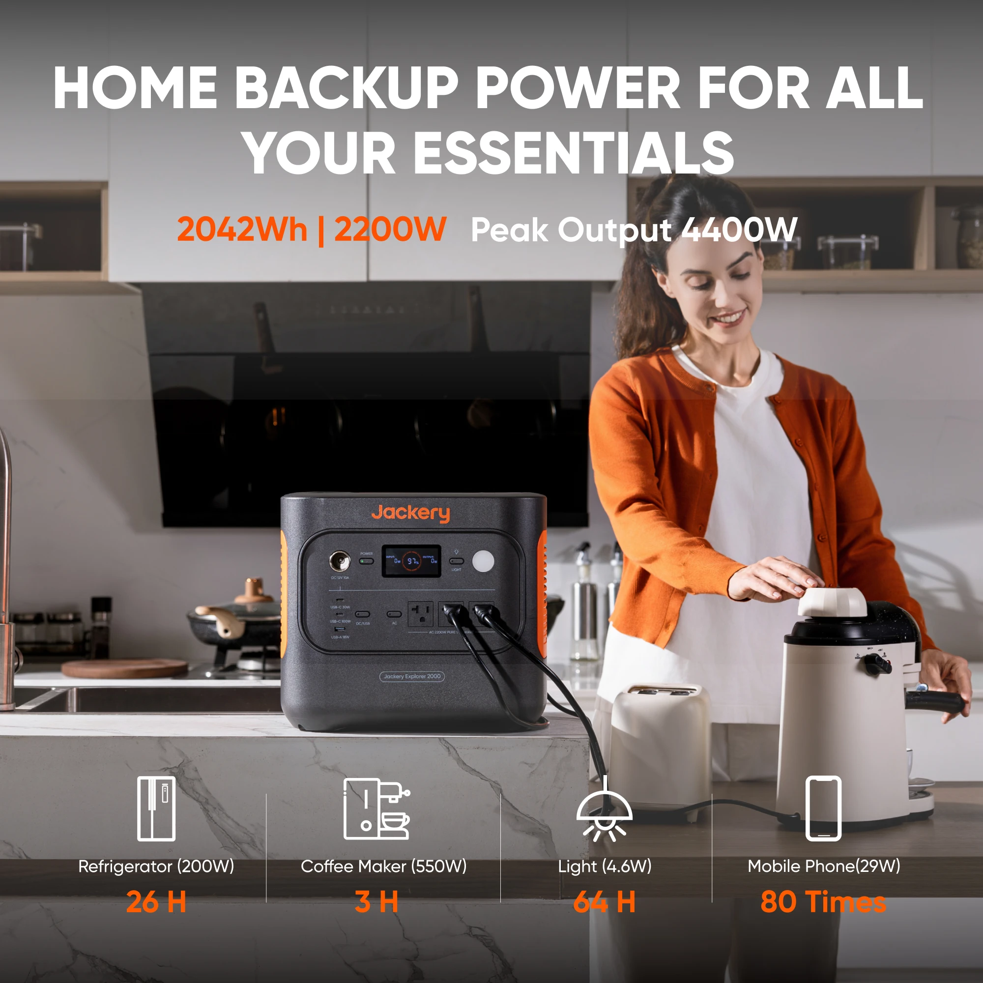 Jackery Explorer 2000  Power Station with 12V Charging Cable, 2200W/2038Wh LFP Battery Generator for Emergencies, Outages, Camping image 6