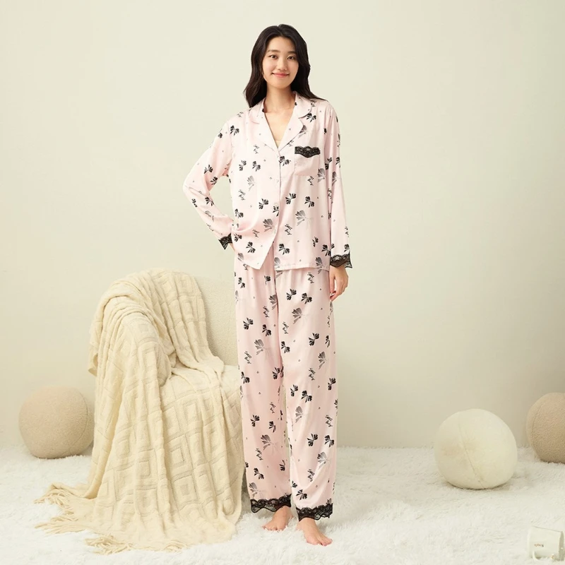 2026 Ice Silk Satin Pajamas for Women Fashionable Bow Print Home Wear Spring Long-sleeved Button Luxury Evening Two-piece Set
