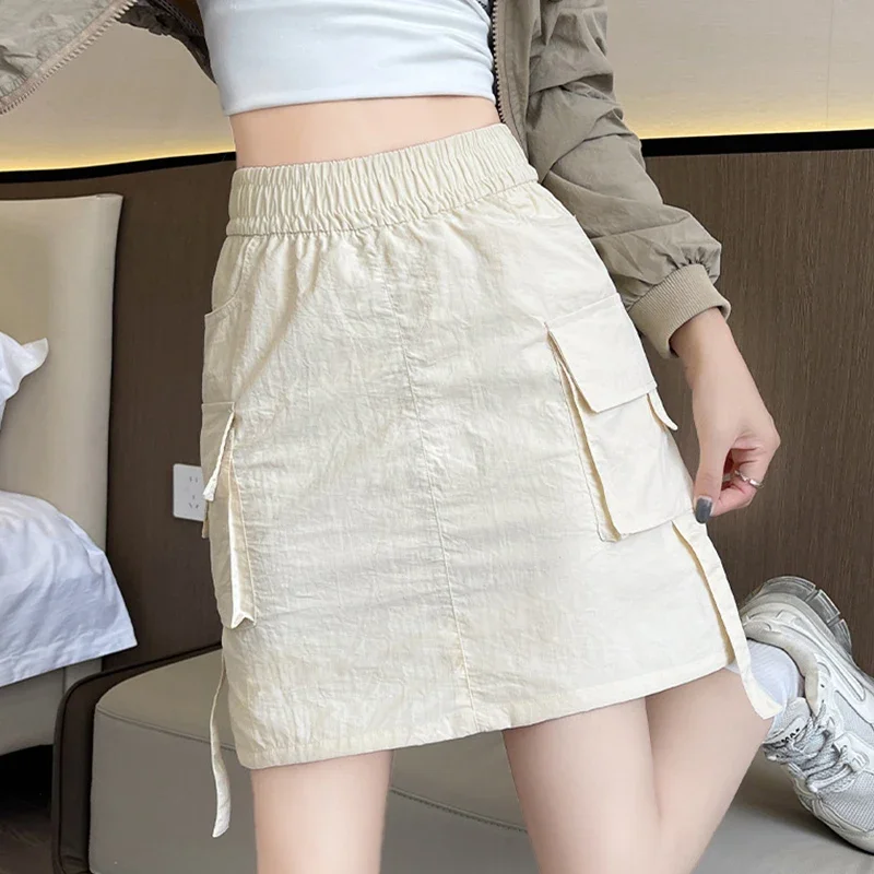 American High Waist Short Cargo Skirts Women Summer New Stylish Big Pockets Quick Dry Sporty Skirt Simple Solid A-Line Faldas