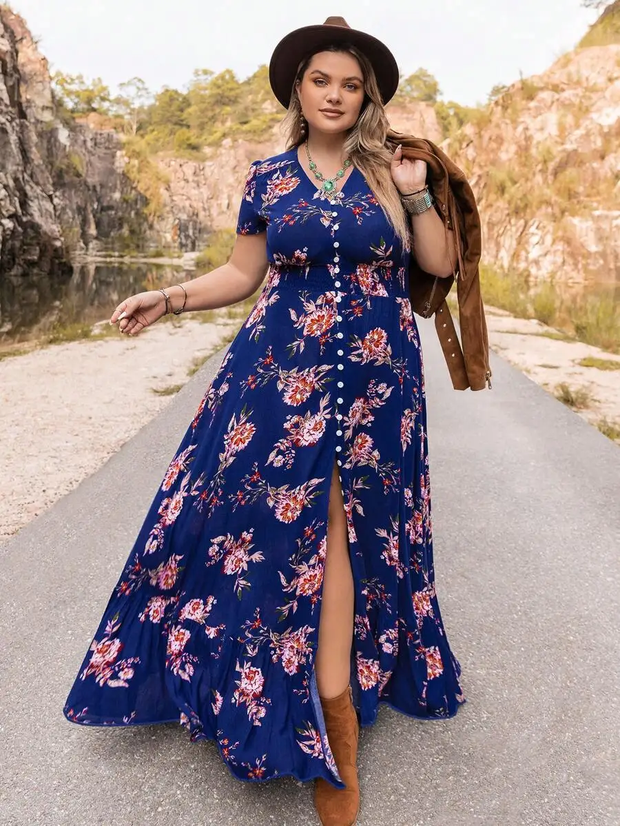 

Plus Size Womens Floral Print V-Neck Maxi Dress Bohemian Beach Festival Summer Outfit