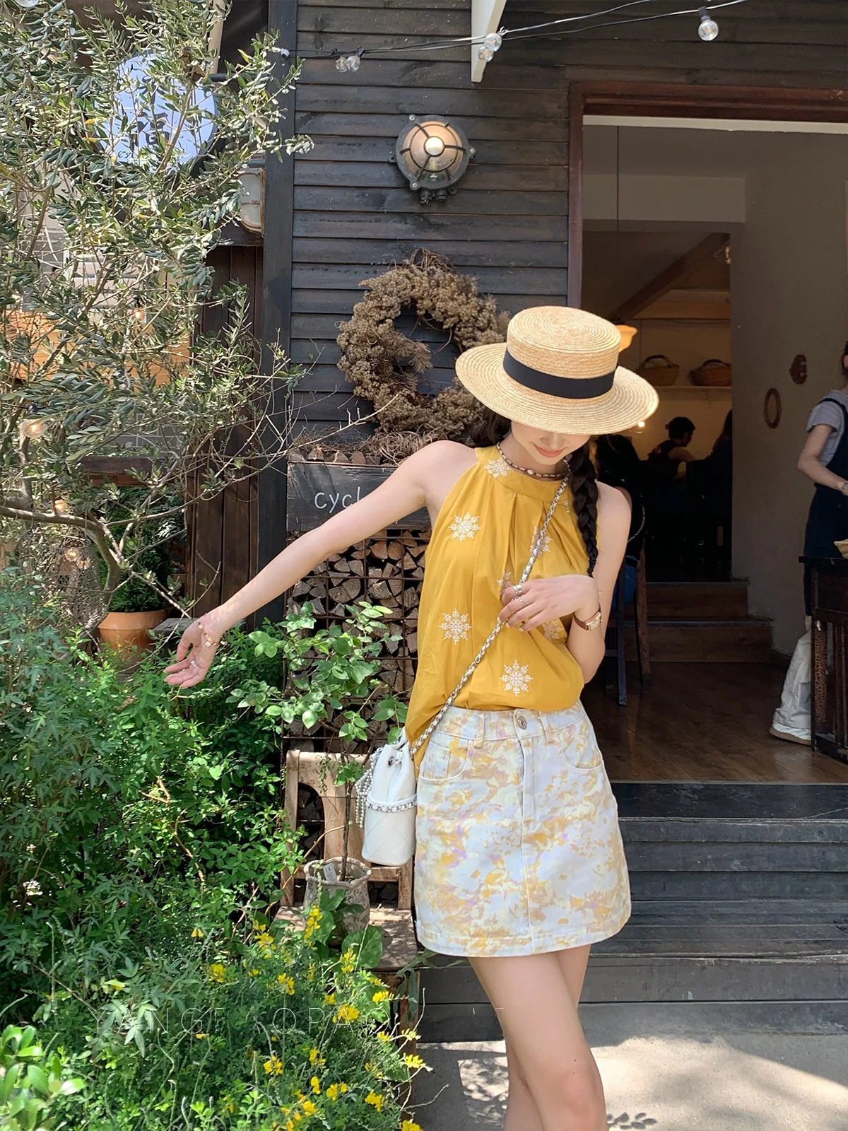 

Юбка А-силуэта с завышенной талией и принтом, корейская версия, для женщин, летняя коллекция 2025, стройнящая модель