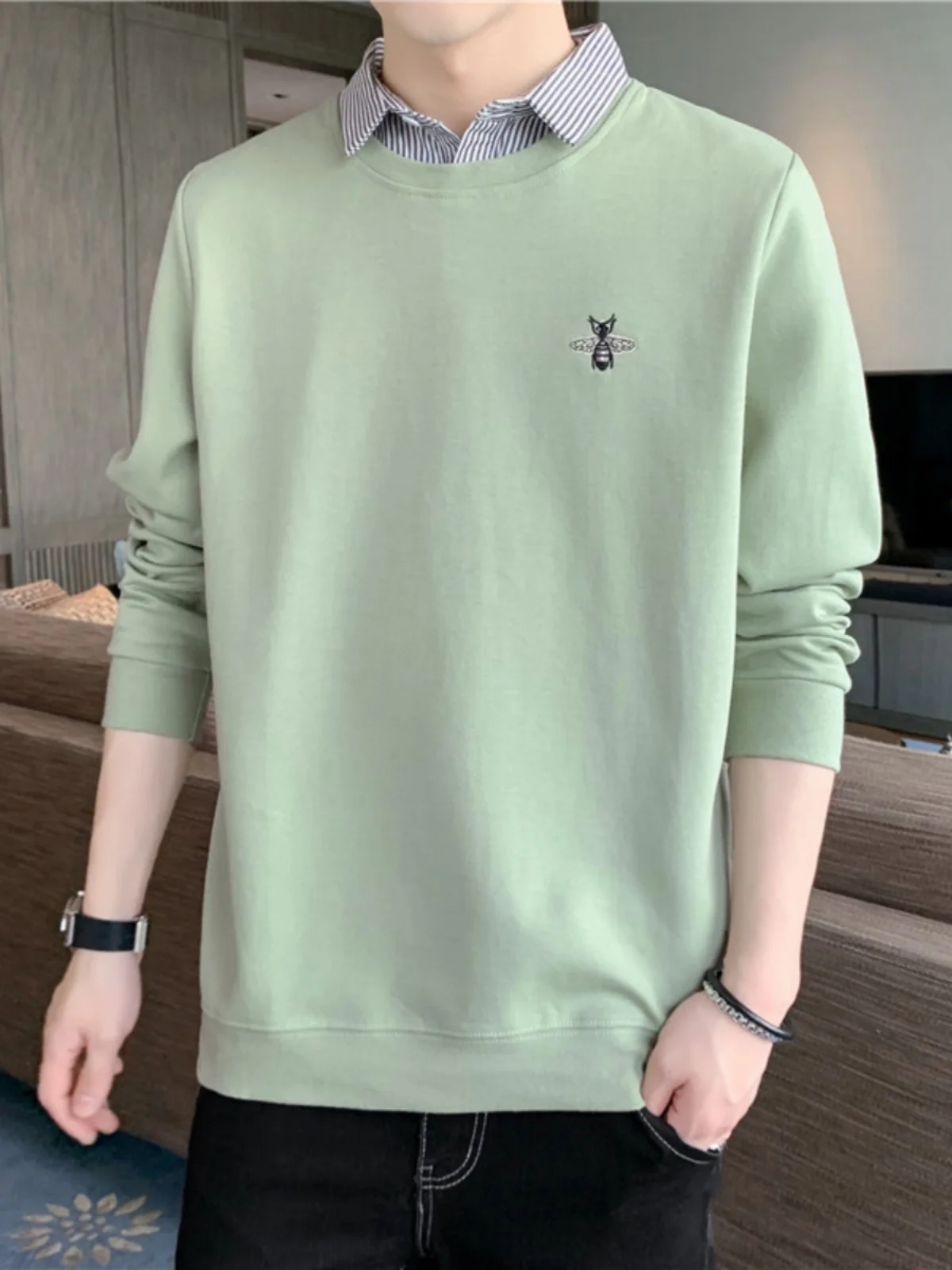

New 2024 Men's Long Sleeve Shirt Collar T-Shirt Spring Autumn Wear under Sweatshirt Base Shirt Stripe Collar Top Youth Casual...