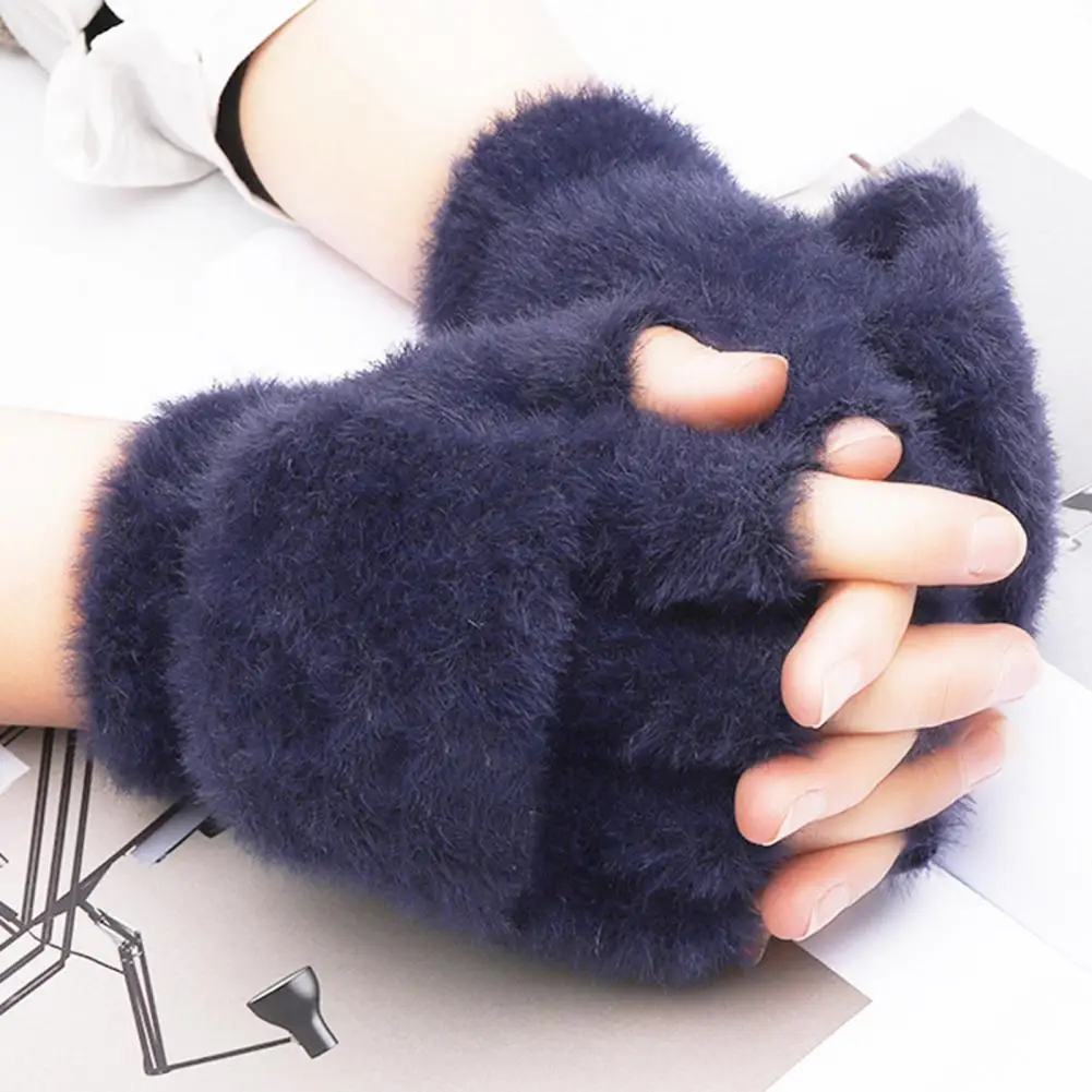 1 Pair Women Fingerless Gloves Warm Thick Winter Convertible Flip Top Plush Gloves Outdoor Cold Weather Half Finger Mittens