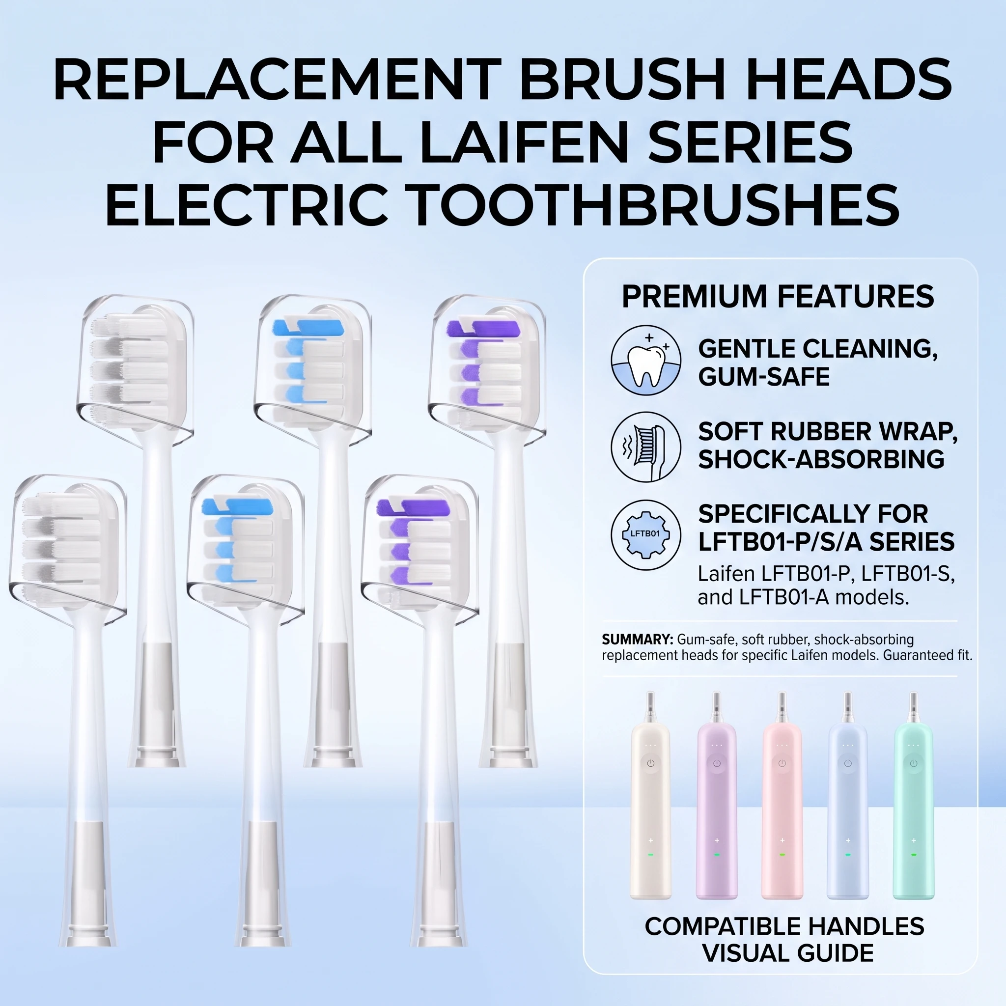 Replacement Brush Heads Compatible with Laifen Electric Toothbrush LFTB01-P, Shock Absorbing Gum Care Wrapped Brush Head Refills