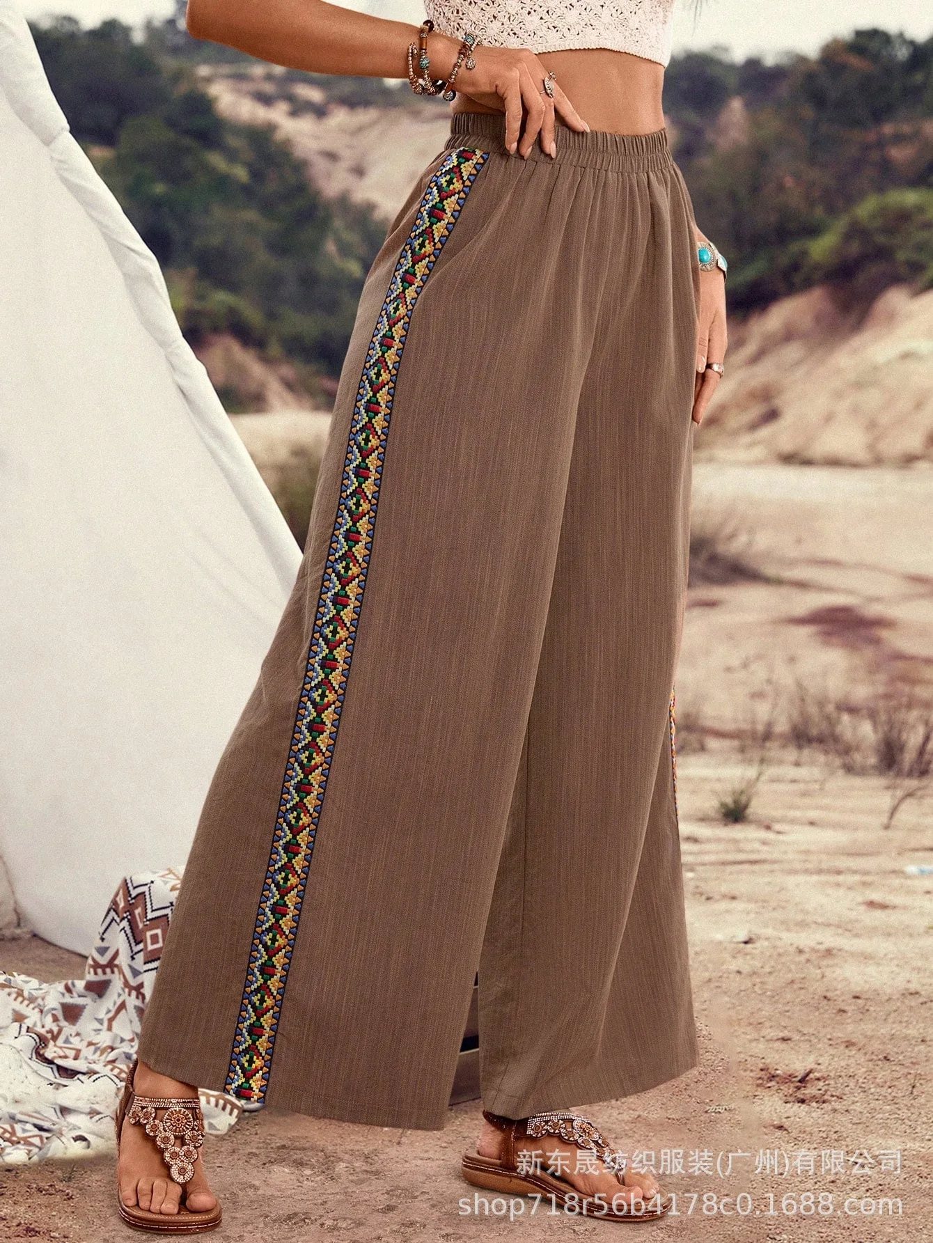 Summer Fashion High Waisted Casual Loose Wide Leg Pants, Women's Elastic Waisted Side Printed Fashionable Straight Leg Pants