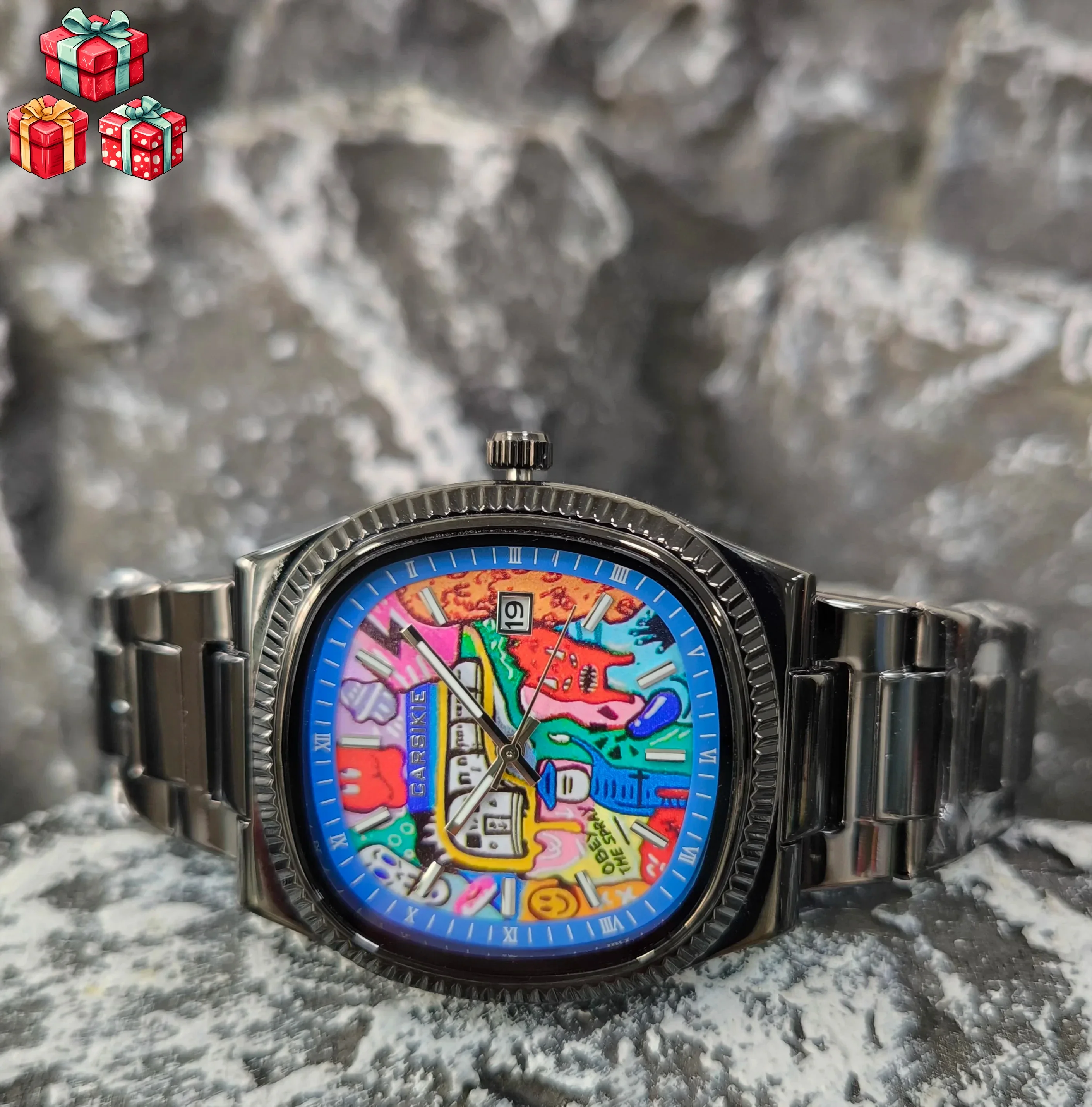 ساعة مربعة جديدة للزوجين بقرص فني تجريدي، ساعة كلاسيكية أنيقة، ساعة كوارتز فضية وسوداء وذهبية، هدية فاخرة على طراز الشارع #4