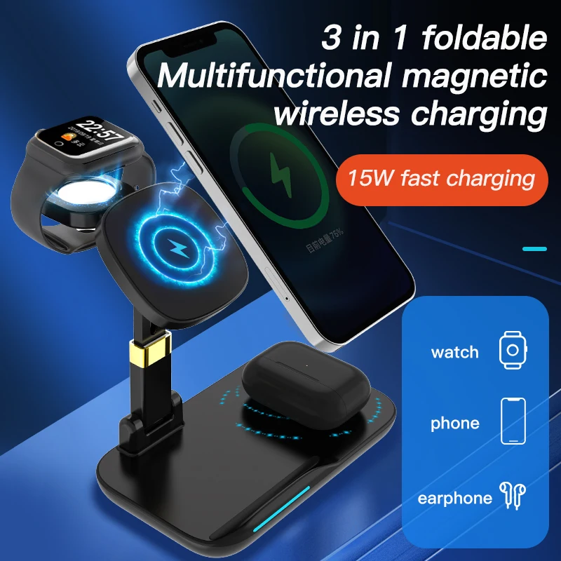 

3-in-1 Magnetic Wireless Charger 15W Folding Magnetic Wireless Charger for Apple, Huawei, Samsung