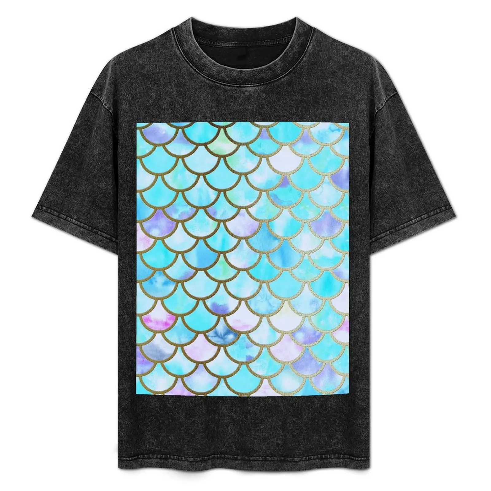 

Teal and Blue Watercolor Faux Glitter Mermaid Scales T-Shirt Large Size Casual Short Sleeve Top