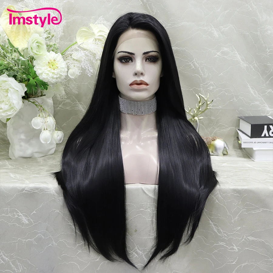 Imstyle Black Lace Wig Synthetic Lace Front Wig Long Straight Hair Heat Resistant Fiber Daily Cosplay Wigs For Women Lace Wig