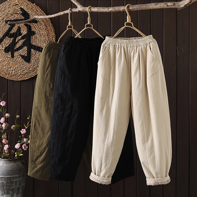 Retro Casual Trousers Women 2024 New Winter Cotton-Padded Thick Warm Harem Pants Office Lady Quilted Long Trousers