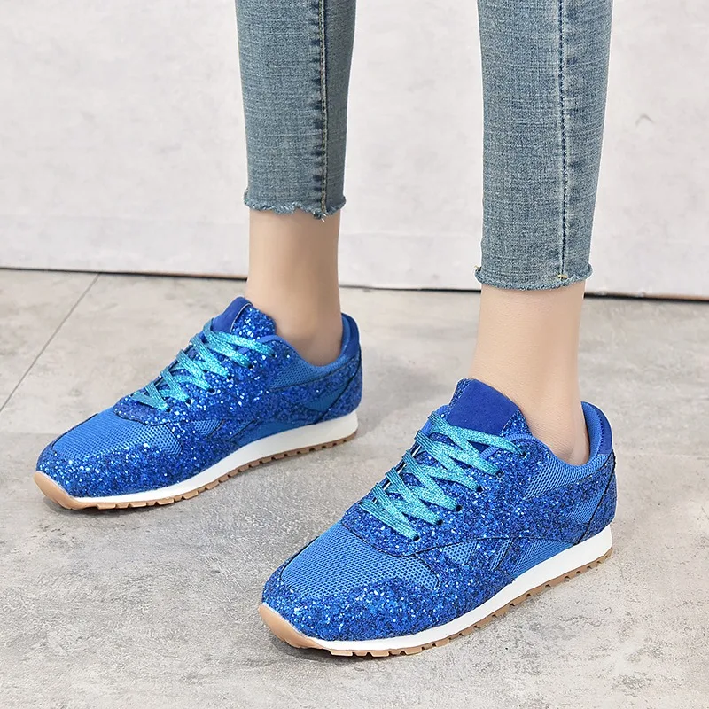 2025 Women's Sneakers Luxury Sequin Fabric Mesh Spliced Casual Shoes Soft Flats Running Shoes Lace-up Walking Shoes New Trainers