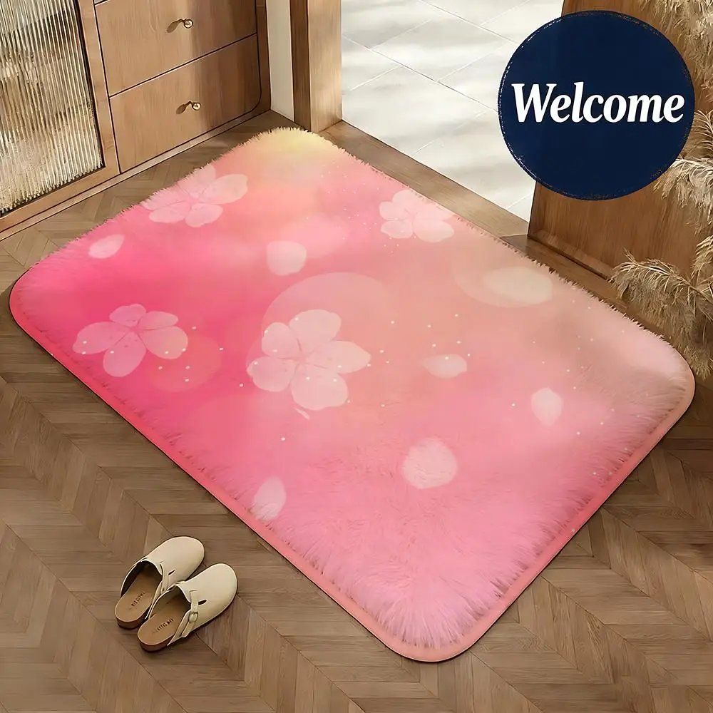 Soft Flannel Floor Mat Art Cherry Blossom Floor Mat Non-Slip Absorbent Doormat Bathroom Bedroom Home Decor Rug