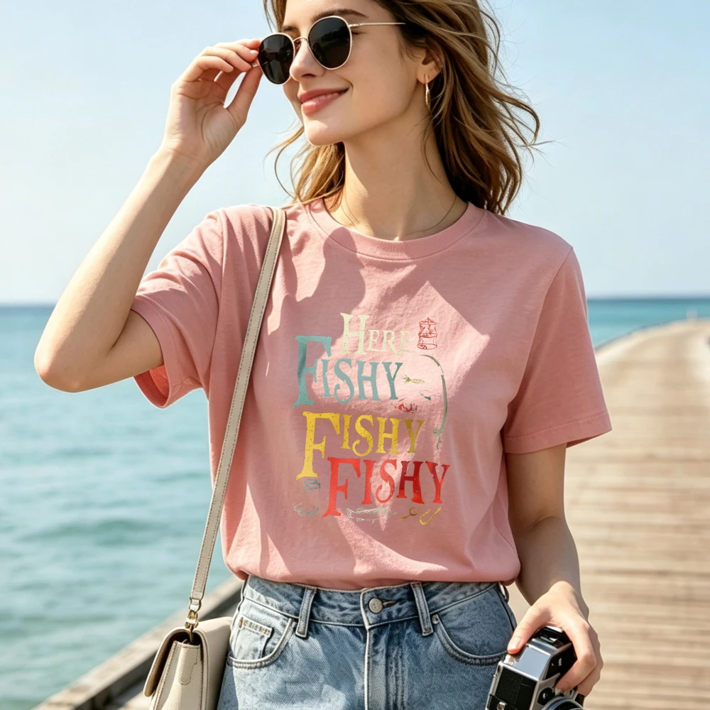 Unisex Back Printed Fishing Theme T Shirt Here Fishy Fishy Slogan Crew Neck Short Sleeve Tops Casual Outdoor Fisherman Tops Tee
