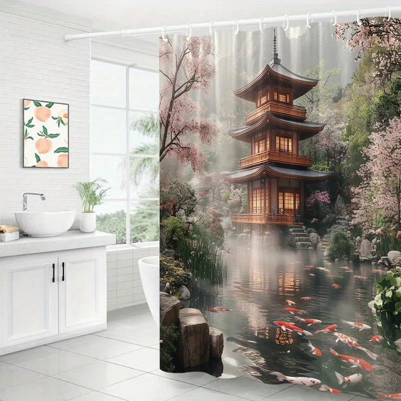 Japanese Temple Shower Waterproof Bath Curtain Curtain Liner Bathroom Decor Splash View Curtain for Master Bathroom