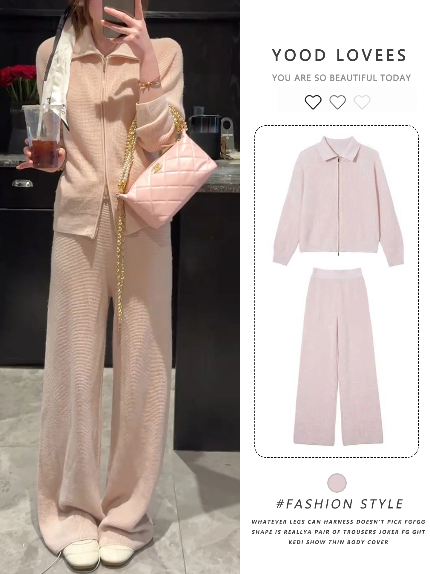 

Fashionable Knitted Set Casual Leisure Soft Feel Zipper Collar Knitwear Wide Leg Pants Two Piece Women's Spring Autumn New Style