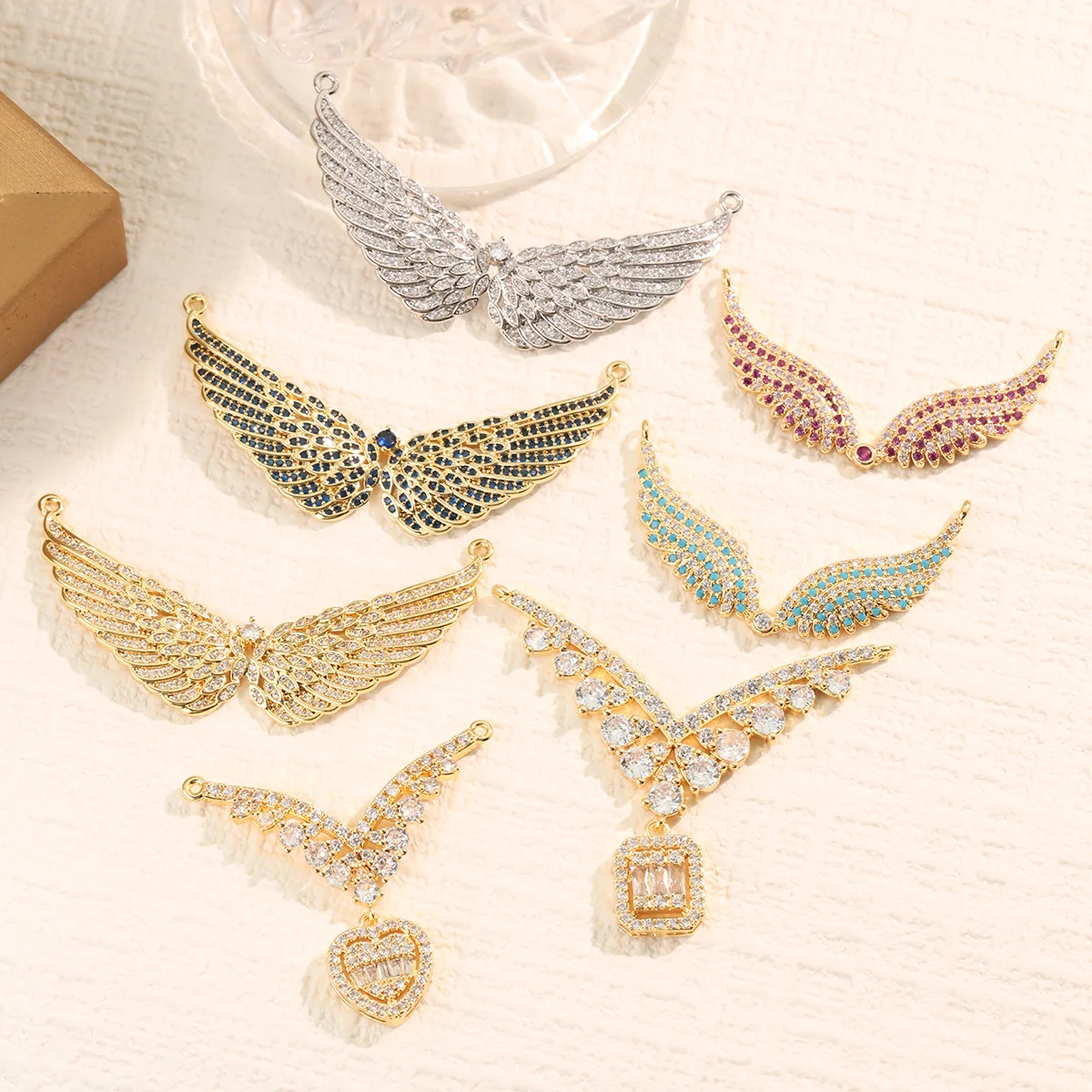 8pcs/lot Angel Micro-inlaid colored zirconium wing Pendant, copper gold-plated color retention DIY necklace pendant accessory