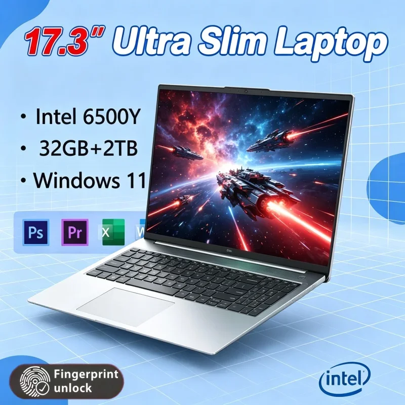 Large Screen 17.3 Inch Laptop Intel 6500Y 32GB RAM 2TB SSD Windows 11 Fingerprint Notebook Home Use Computer