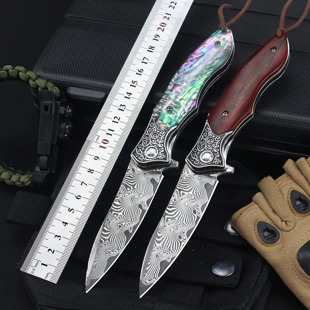 

Damascus Folding Pocket Knife Fishing Pocket VG10 Blade Wood Abalone Handles EDC Outdoor Camping Survival Tactical Multitool