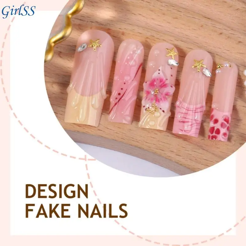 Press On Manicure Set Long Translucent French with 3D Flower Star Pattern, Handcrafted ABS Pieces in Multiple Sizes T4MB