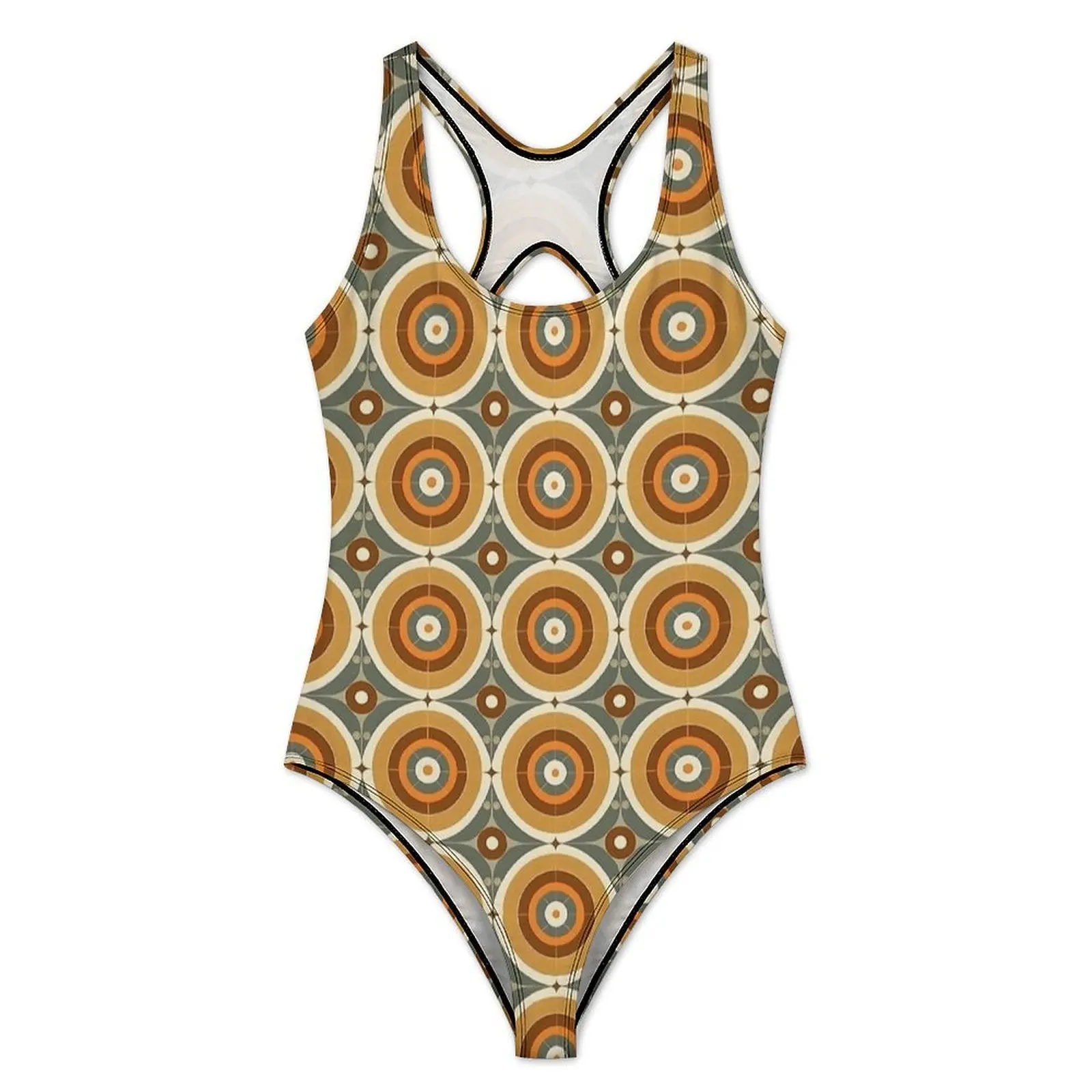 Retro Earth Tone Circle Tile Print Swimsuit Swimwear One Piece Surfing Swimsuits Hollow Out Monokini Push Up Sexy Beach Wear