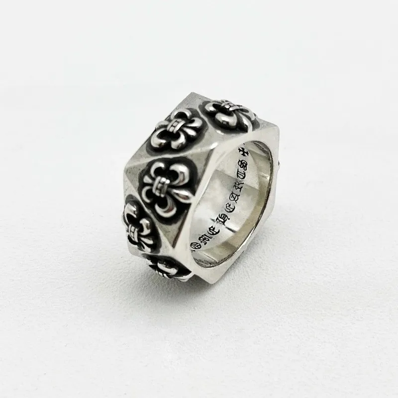 S925 Sterling Silver Retro Cut Corner Scout Flower Ring, European and American Hip-hop Ring, Domineering