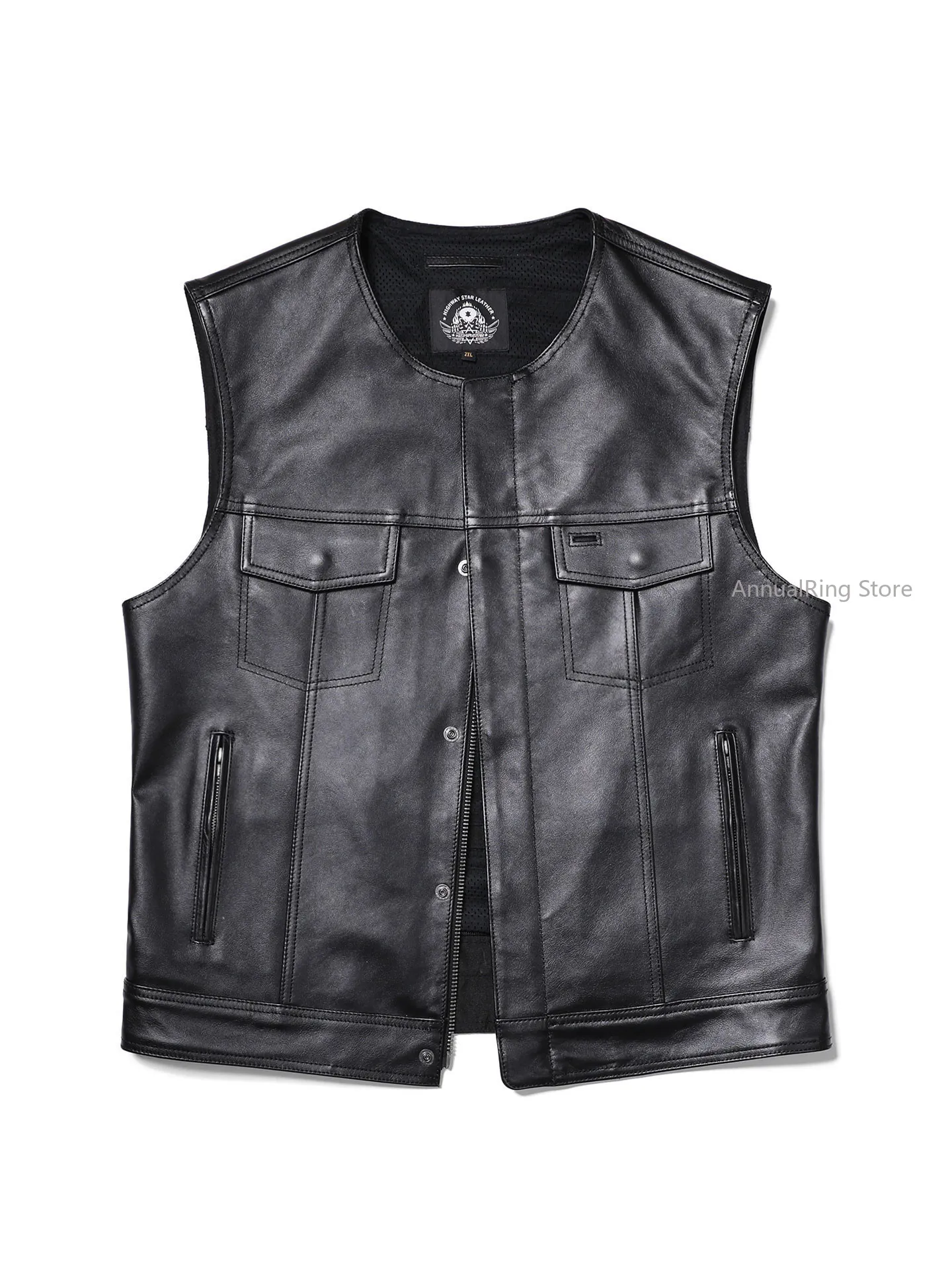 Men Top Grain Cowhide Leather Vest Collarless Club Riding Waistcoat Harley Motorcycle Genuine Leather Outerwear