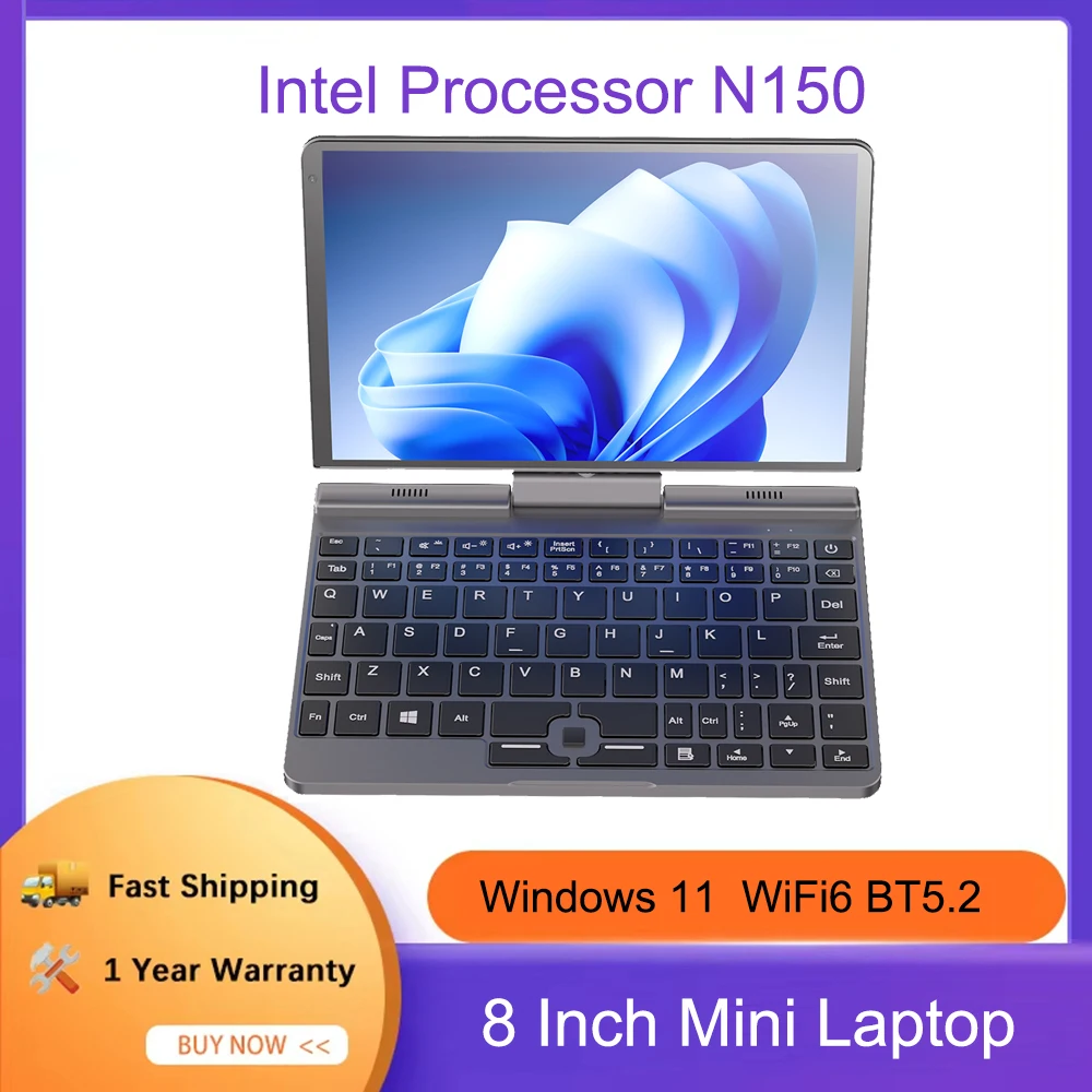 الجيل الثاني عشر كمبيوتر محمول محمول 8 بوصة شاشة مكتب صغير الكمبيوتر المحمول إنتل N150 رباعية النواة LPDDR5 12GB 1 تيرا بايت 4800MHz Windows11 WiFi6
