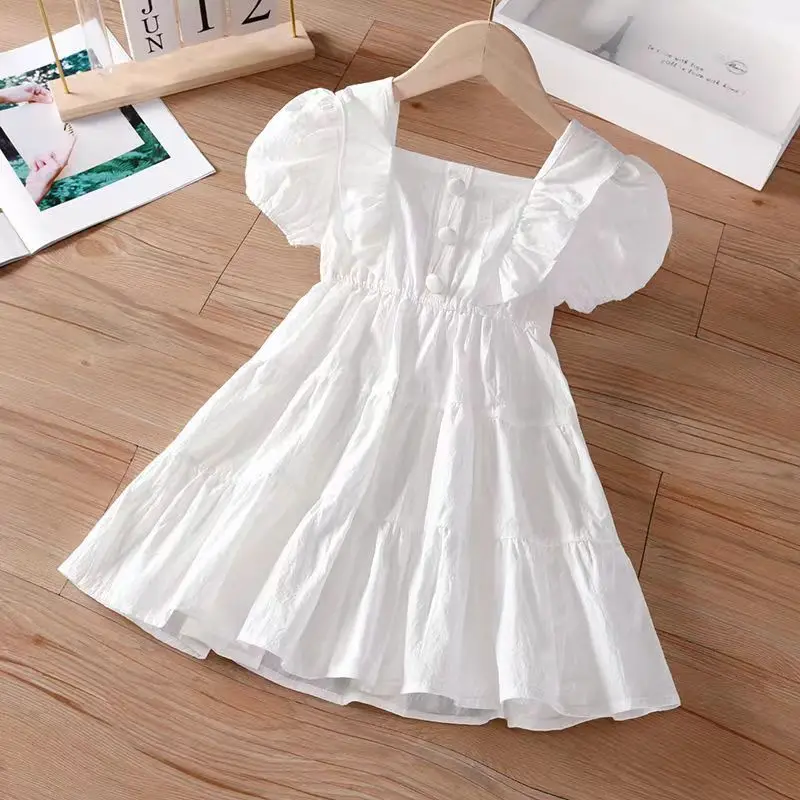 Girls Summer White Dress Puff Short Sleeve Square Neck Ruffle Waist‑controll Layered Party Dress Kids Casual Cotton Sundress